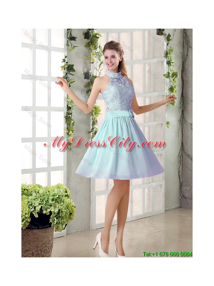 2015  Fall A Line High Neck Belt Bridesmaid Dresses with Lace