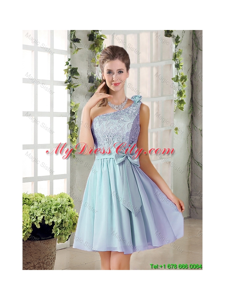 2015 Summer A Line One Shoulder Bridesmaid Dresses with Lace