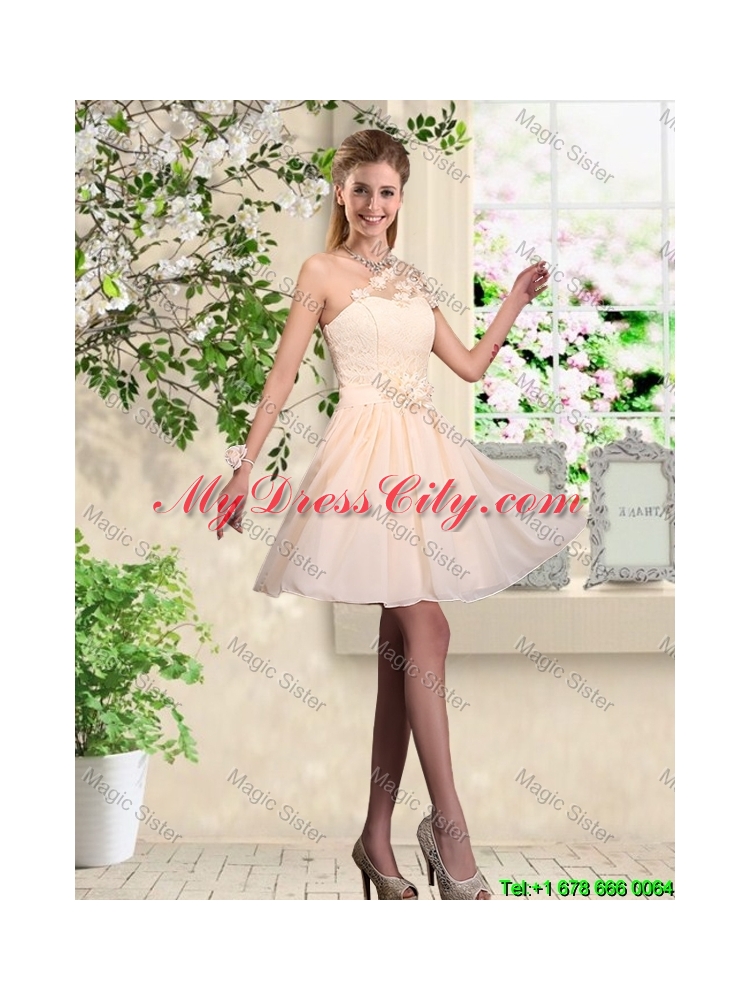 Cheap A Line Scoop Champagne Bridesmaid Dresses with Appliques