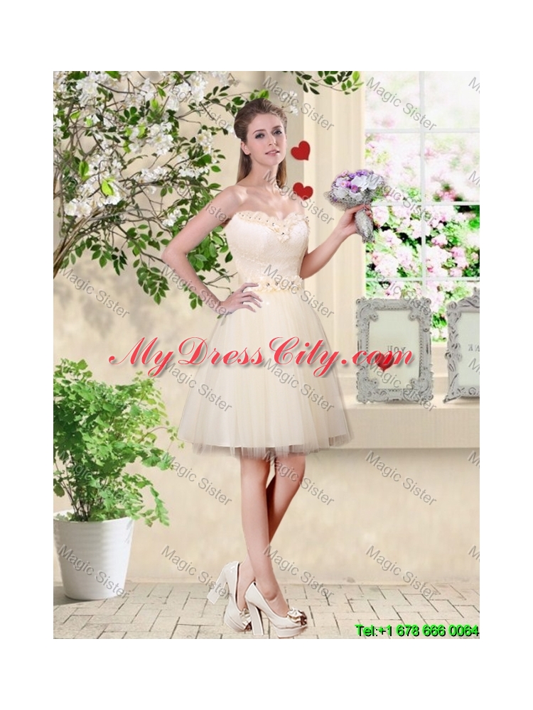 Feminine A Line Hand Made Flowers Bridesmaid Dresses in Champagne