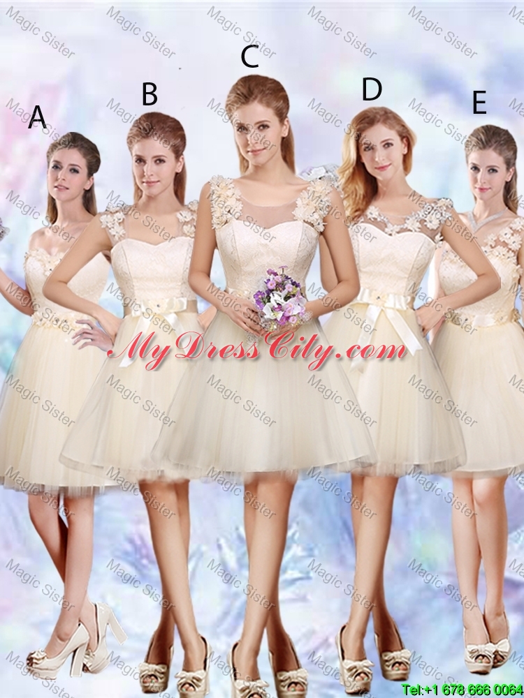 Feminine A Line Hand Made Flowers Bridesmaid Dresses in Champagne