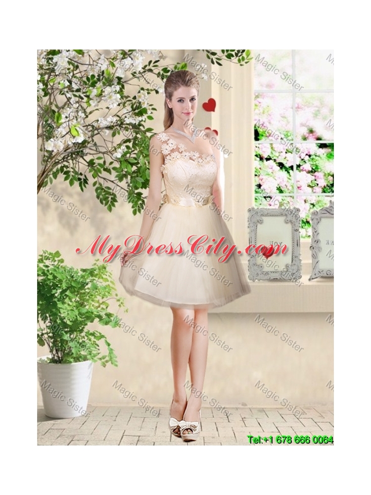 Feminine A Line Hand Made Flowers Bridesmaid Dresses in Champagne