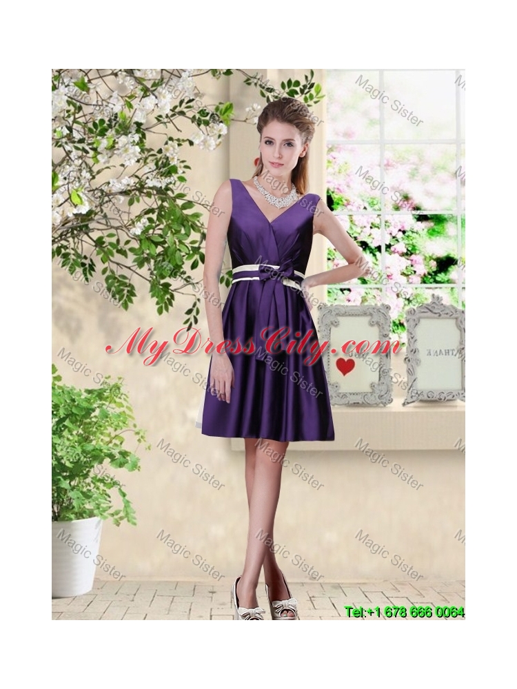 Discount V Neck Zipper Up Bridesmaid Dresses in Dark Purple