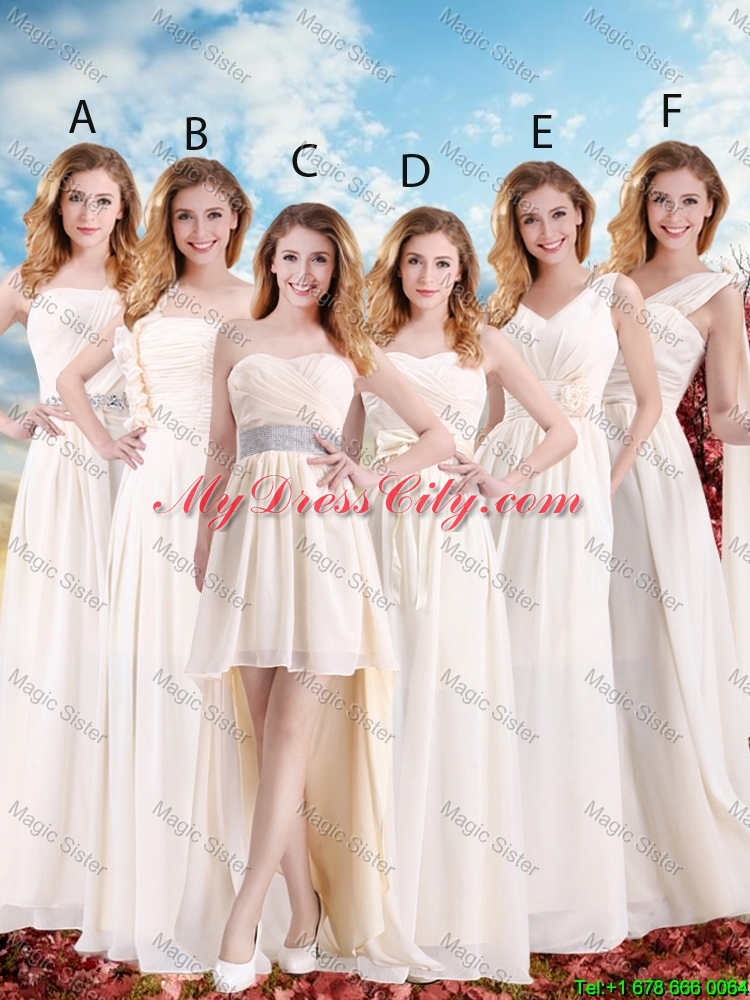 Elegant Empire Champagne Bridesmaid Dresses with Hand Made Flowers