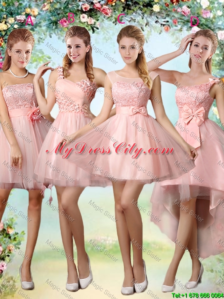 Romantic One Shoulder Laced and Bowknot Bridesmaid Dresses in Pink