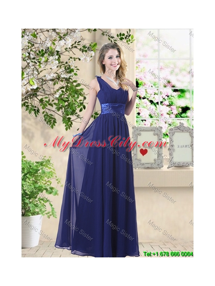 Wonderful Ruched Navy Blue Prom Dresses with V Neck