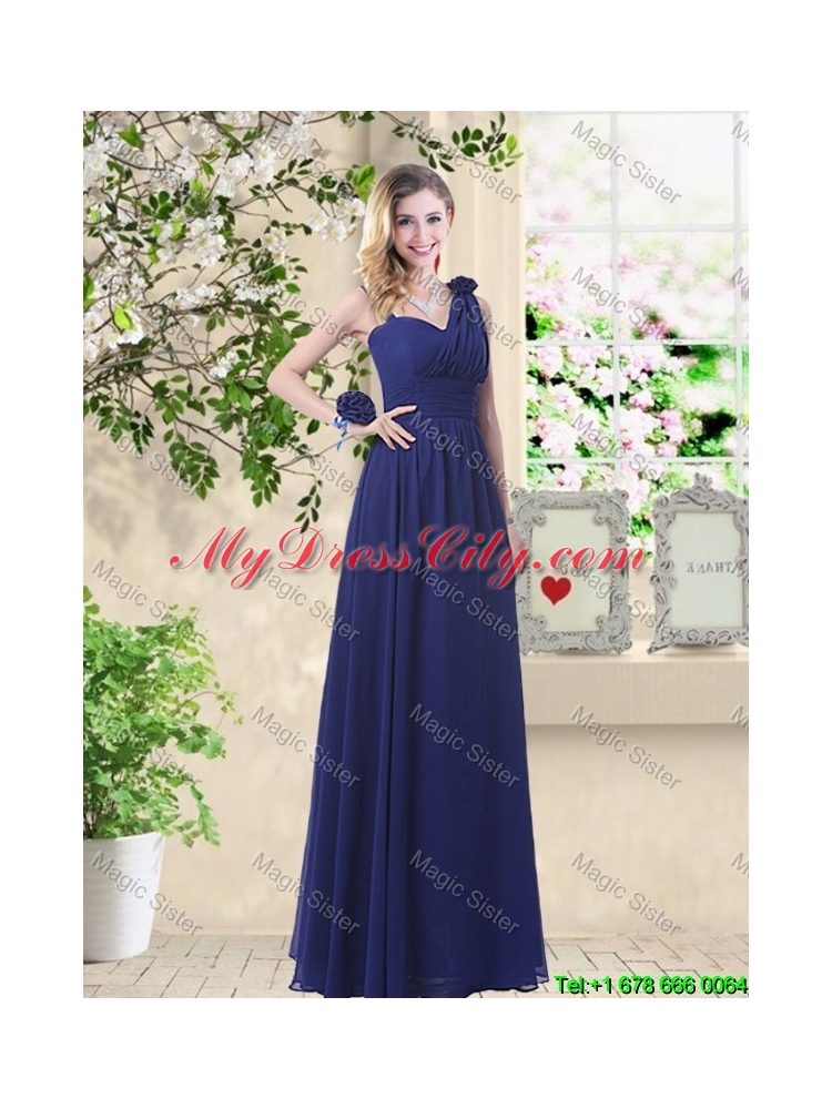 Wonderful Ruched Navy Blue Prom Dresses with V Neck