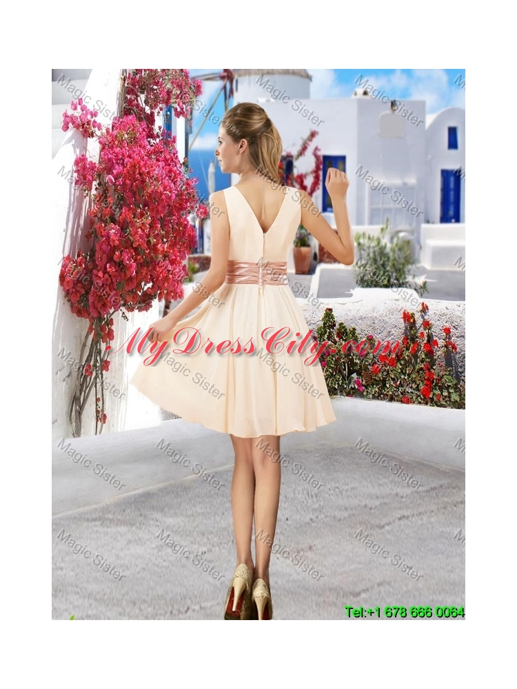 Affordable Champagne V Neck Dama Dresses with Belt and Ruching