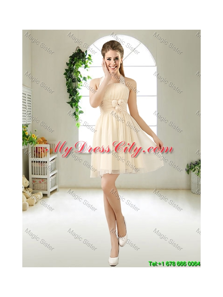 Modern Halter Top Champagne Dama Dresses with Hand Made Flowers