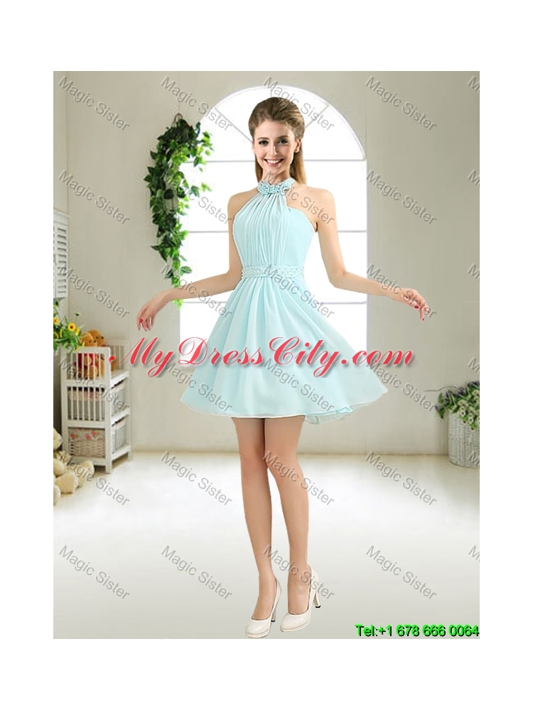 Cheap Halter Top Belt Light Blue Dama Dresses for 2016