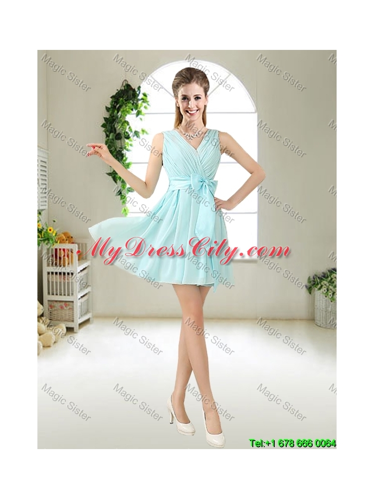 Cheap Halter Top Belt Light Blue Dama Dresses for 2016