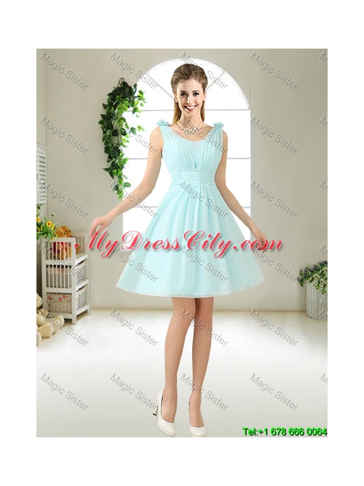 Cheap Halter Top Belt Light Blue Dama Dresses for 2016