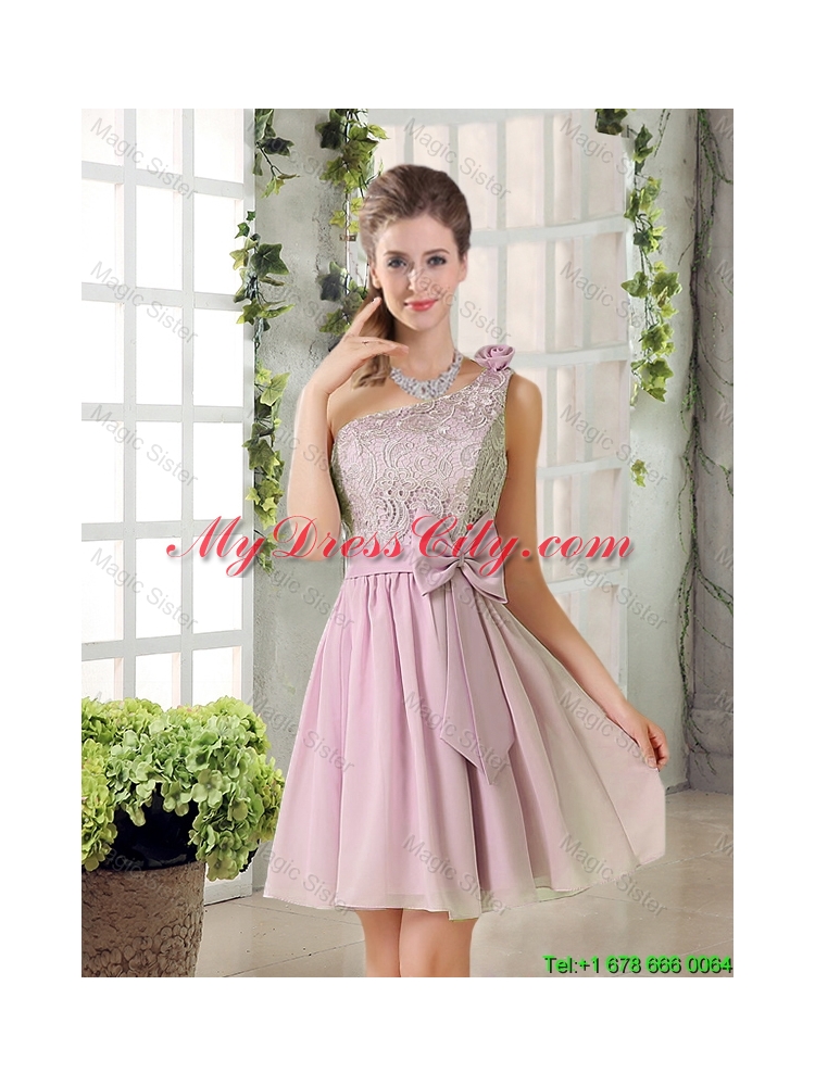 Discount A Line One Shoulder Pink Dama Dresses with Bowknot