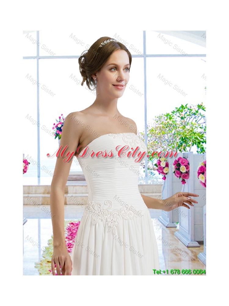 2016 Best Strapless Ruched Beach Bridal Dresses with Appliques