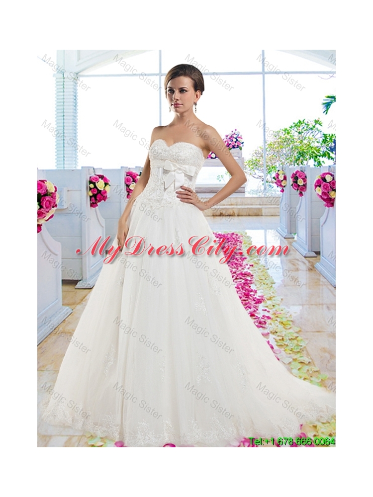 Cheap Sweetheart Wedding Dresses with Appliques and Bowknot