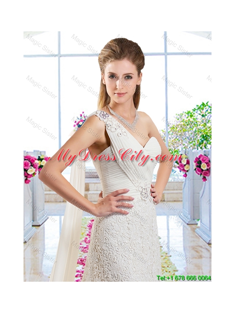 Classical One Shoulder Bridal Gowns with Lace and Beading