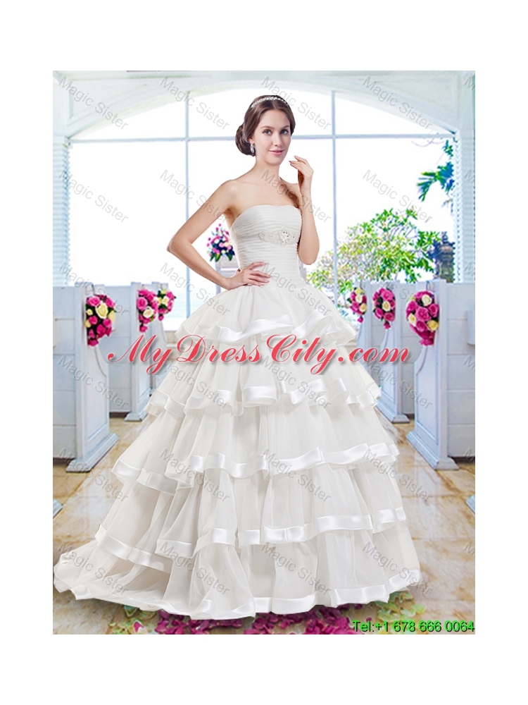 Fashionable Ruffled Layers Bridal Dresses with Brush Train