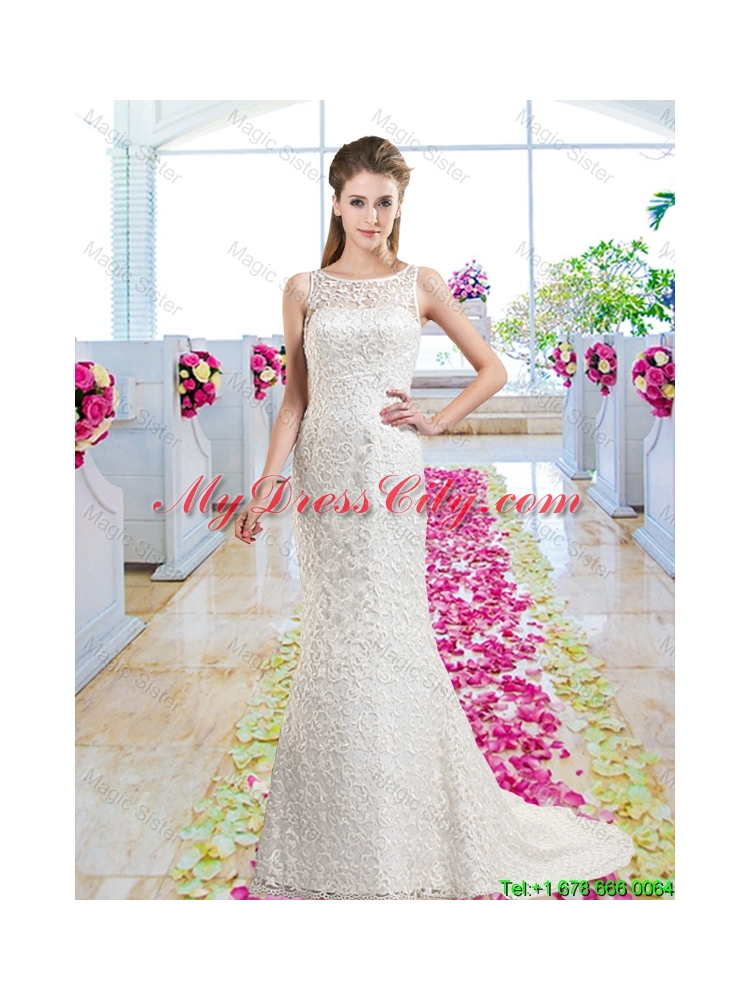 Luxurious Column Scoop Court Train Bridal Gowns with Lace