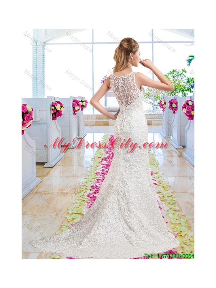 Luxurious Column Scoop Court Train Bridal Gowns with Lace