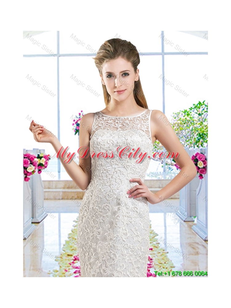 Luxurious Column Scoop Court Train Bridal Gowns with Lace