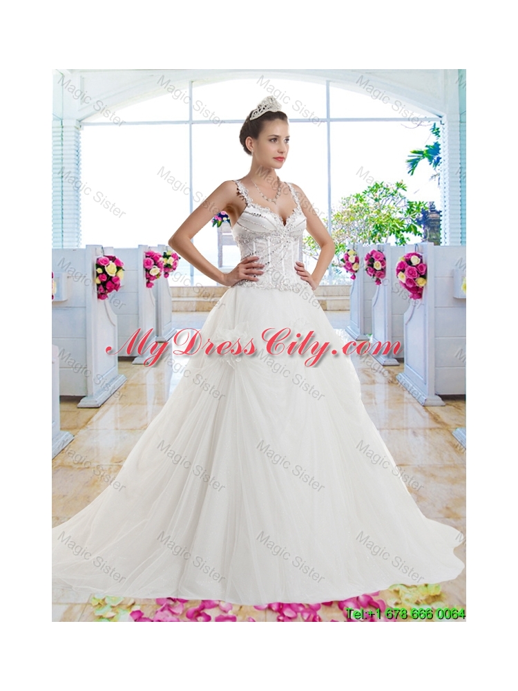 Luxurious Straps Beaded Hand Made Flowers Bridal Gown