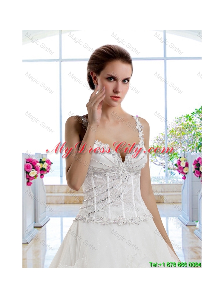 Luxurious Straps Beaded Hand Made Flowers Bridal Gown