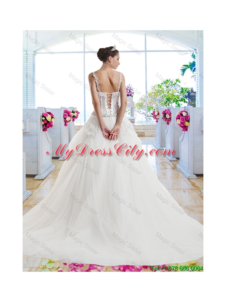 Luxurious Straps Beaded Hand Made Flowers Bridal Gown