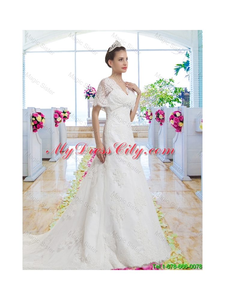 Best Selling V Neck Bridal Gowns with Short Sleeves for 2016