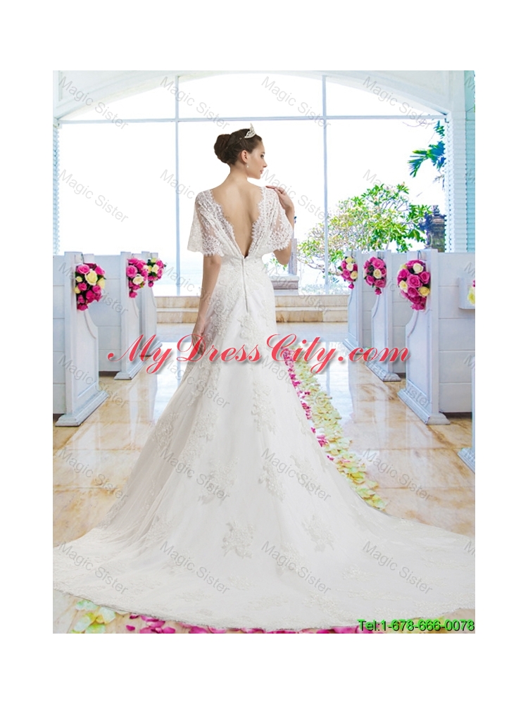 Best Selling V Neck Bridal Gowns with Short Sleeves for 2016