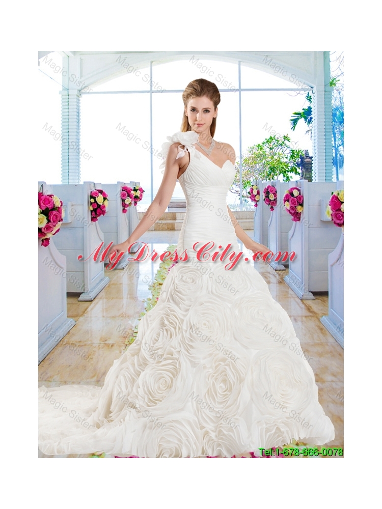 Luxurious Mermaid One Shoulder Wedding Gowns with Rolling Flowers