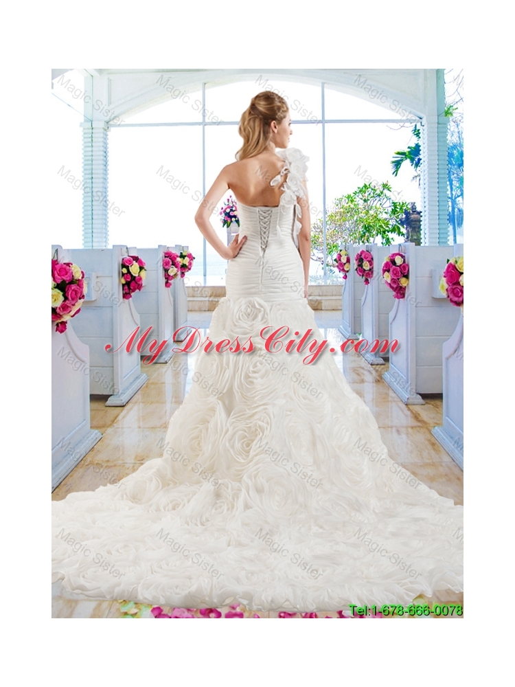 Luxurious Mermaid One Shoulder Wedding Gowns with Rolling Flowers