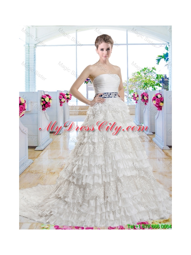 Popular Belt and Laced Bridal Gowns with Ruffled Layers