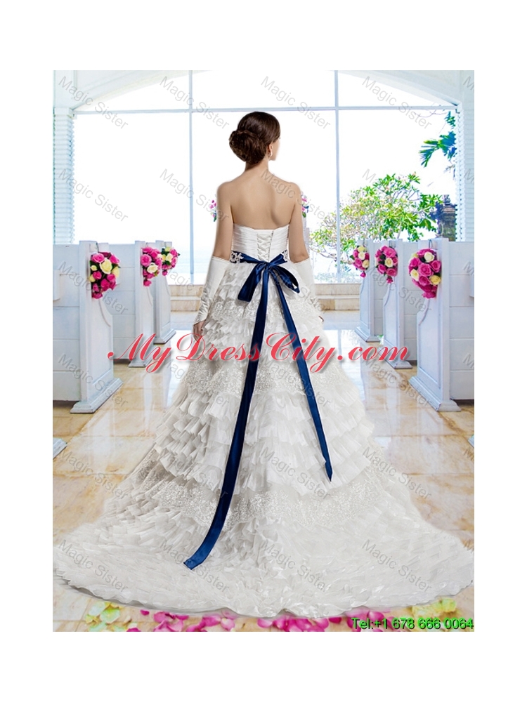 Popular Belt and Laced Bridal Gowns with Ruffled Layers