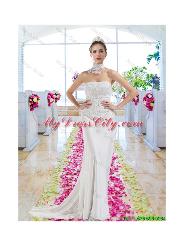 Elegant Strapless Laced Wedding Dresses with Court Train