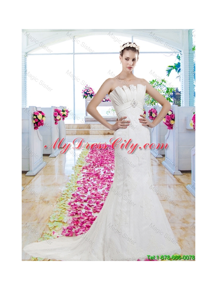 Exclusive Strapless Beaded Brush Train Wedding Dresses with Lace