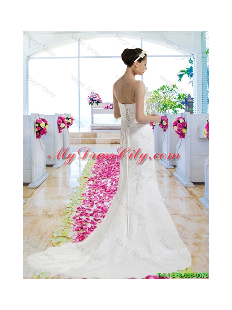 Exclusive Strapless Beaded Brush Train Wedding Dresses with Lace