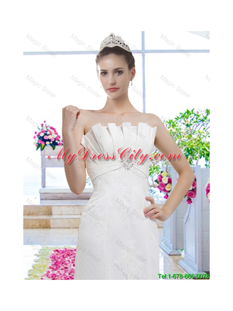 Exclusive Strapless Beaded Brush Train Wedding Dresses with Lace