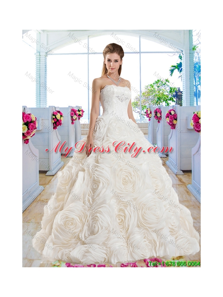 Gorgeous A Line Strapless Brush Train Bridal Dresses with Lace