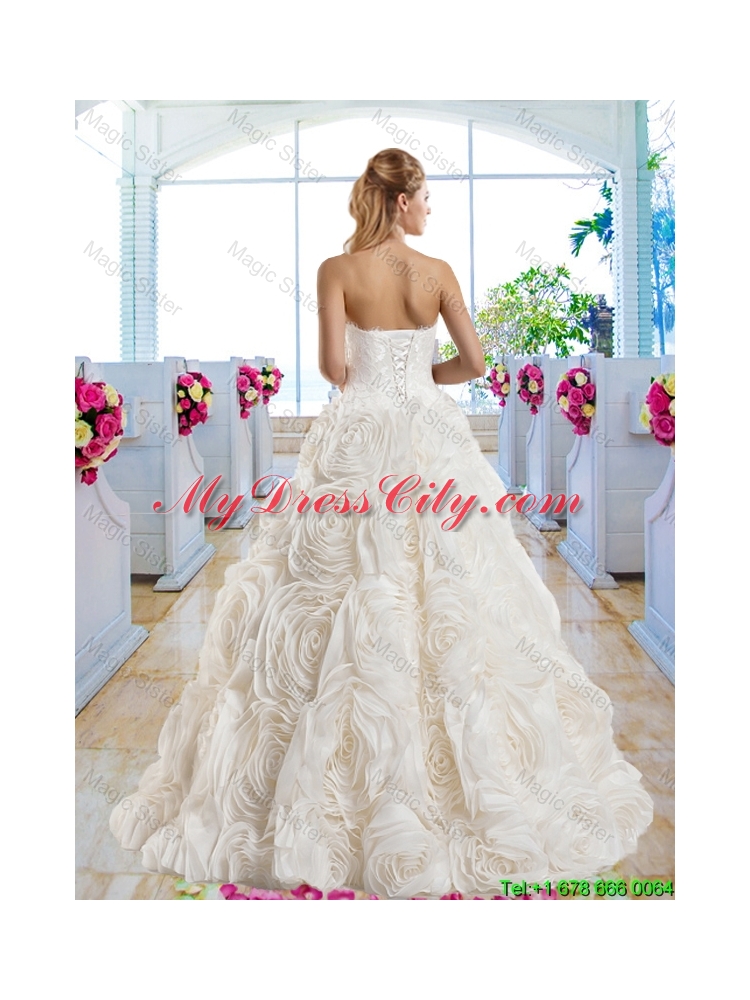 Gorgeous A Line Strapless Brush Train Bridal Dresses with Lace