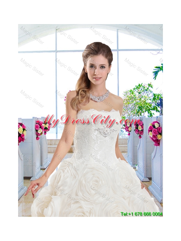 Gorgeous A Line Strapless Brush Train Bridal Dresses with Lace