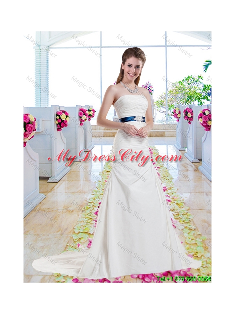 Inexpensive Strapless Belt and Ruched Wedding Dresses with Column