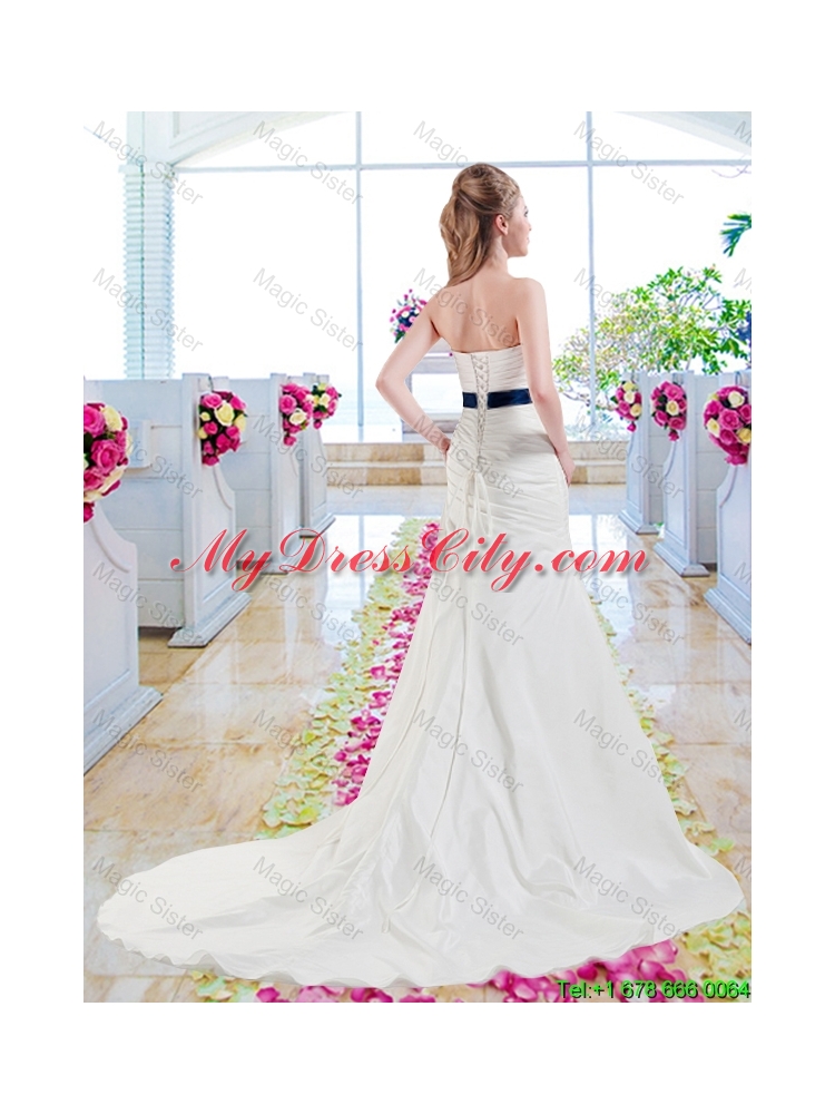 Inexpensive Strapless Belt and Ruched Wedding Dresses with Column