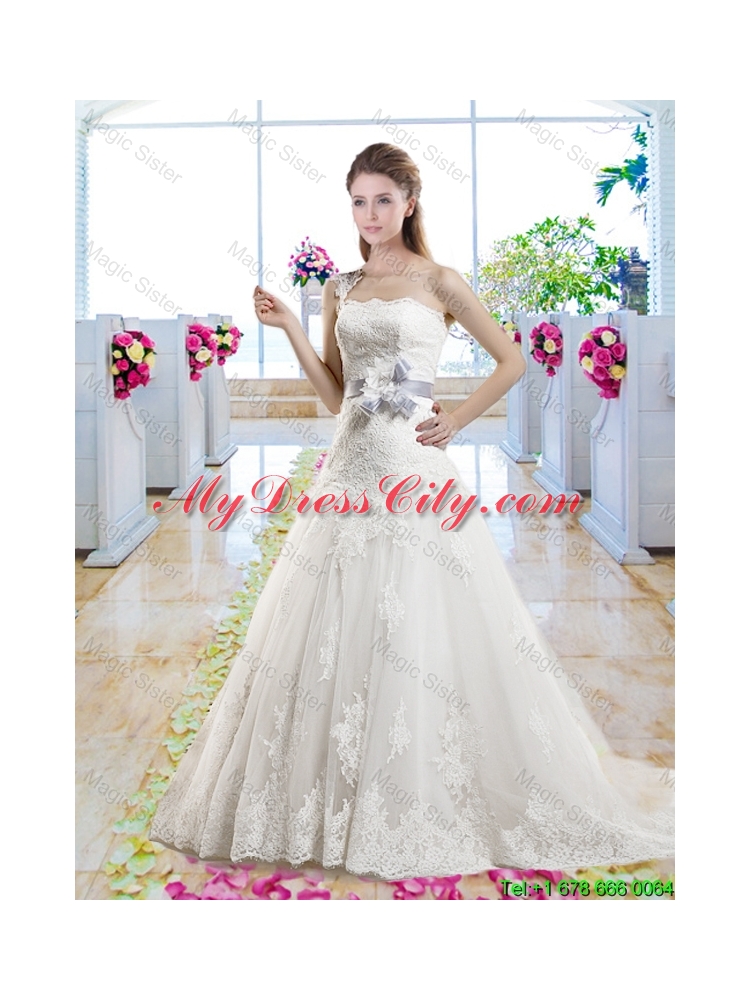 Popular One Shoulder Laced Bridal Gowns with Bowknot