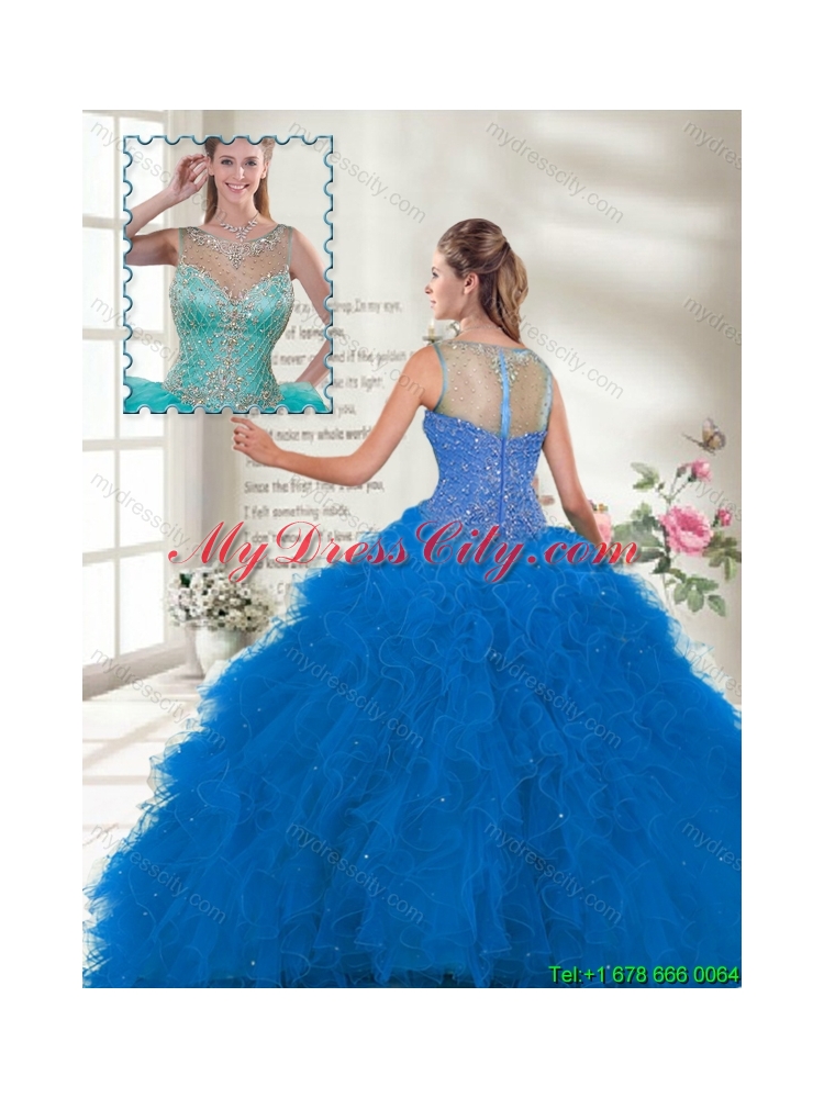 Fall Perfect Scoop Ruffles Blue Sweet 16 Gown with Beading