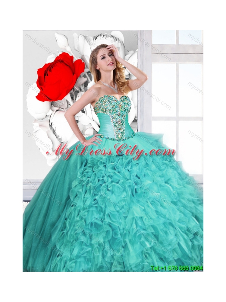 2015 Winter Classical Ruffles and Beaded Quinceanera Gowns in Turquoise