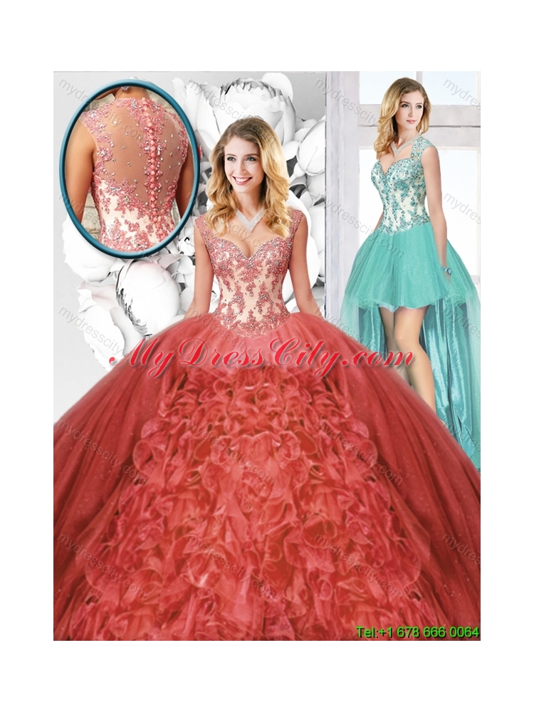 2015 Winter New Arrivals Straps Detachable Quinceanera Dresses in Rust Red