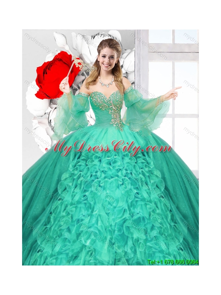 2015 Winter Popular Beaded Turquoise Quinceanera Gowns with Ruffles