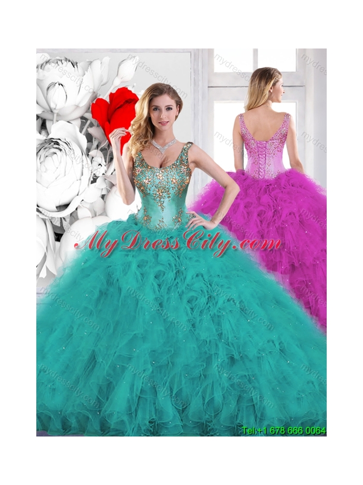 2016 Summer Gorgeous Beading Scoop Teal Sweet 16 Dresses with Ruffles