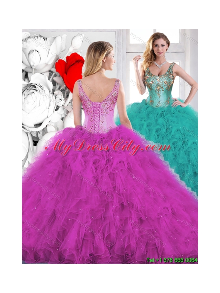 2016 Summer Gorgeous Beading Scoop Teal Sweet 16 Dresses with Ruffles