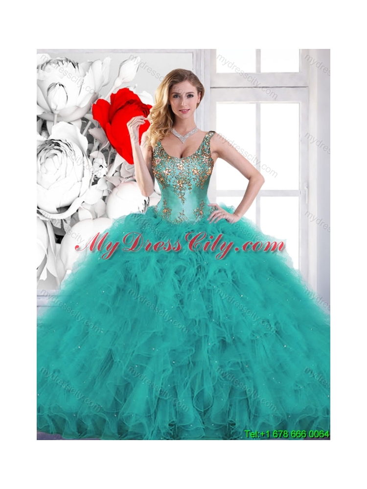 2016 Summer Gorgeous Beading Scoop Teal Sweet 16 Dresses with Ruffles